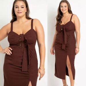 ELOQUII LINEN BLEND MIDI DRESS IN CAPPUCCINO Size 18